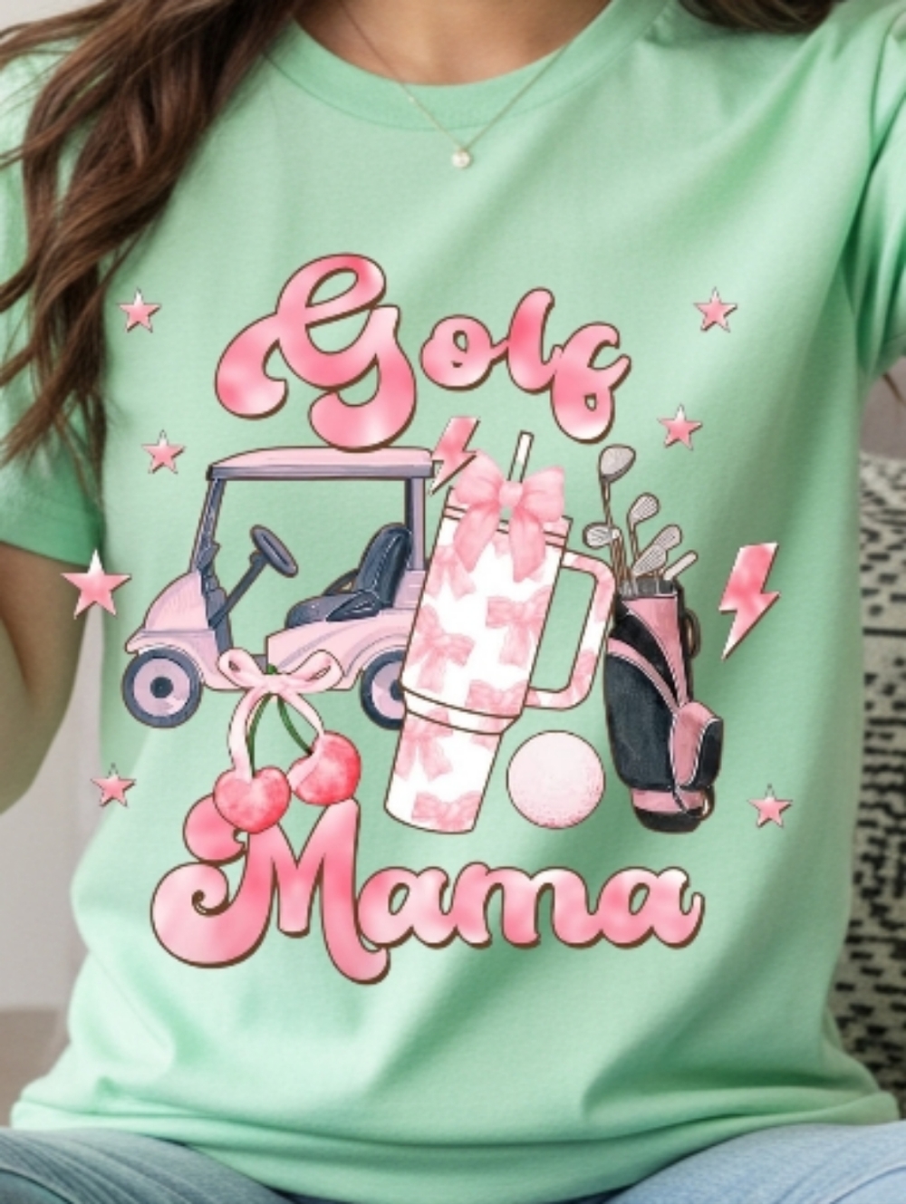Gildan Mint Green Tee with Pink "Golf Mama" Graphic